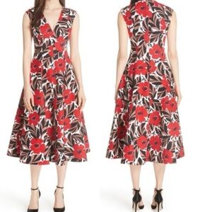 kate spade Red, Black and Cream Floral V-Neck Midi Dress